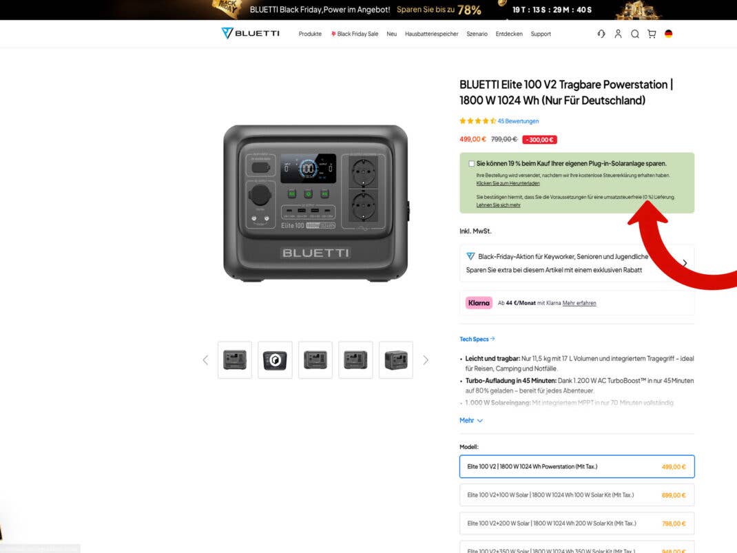 Bluetti-Website mit einem roten Pfeil, der auf ein Angebot zur MwSt-Befreiung hinweist.