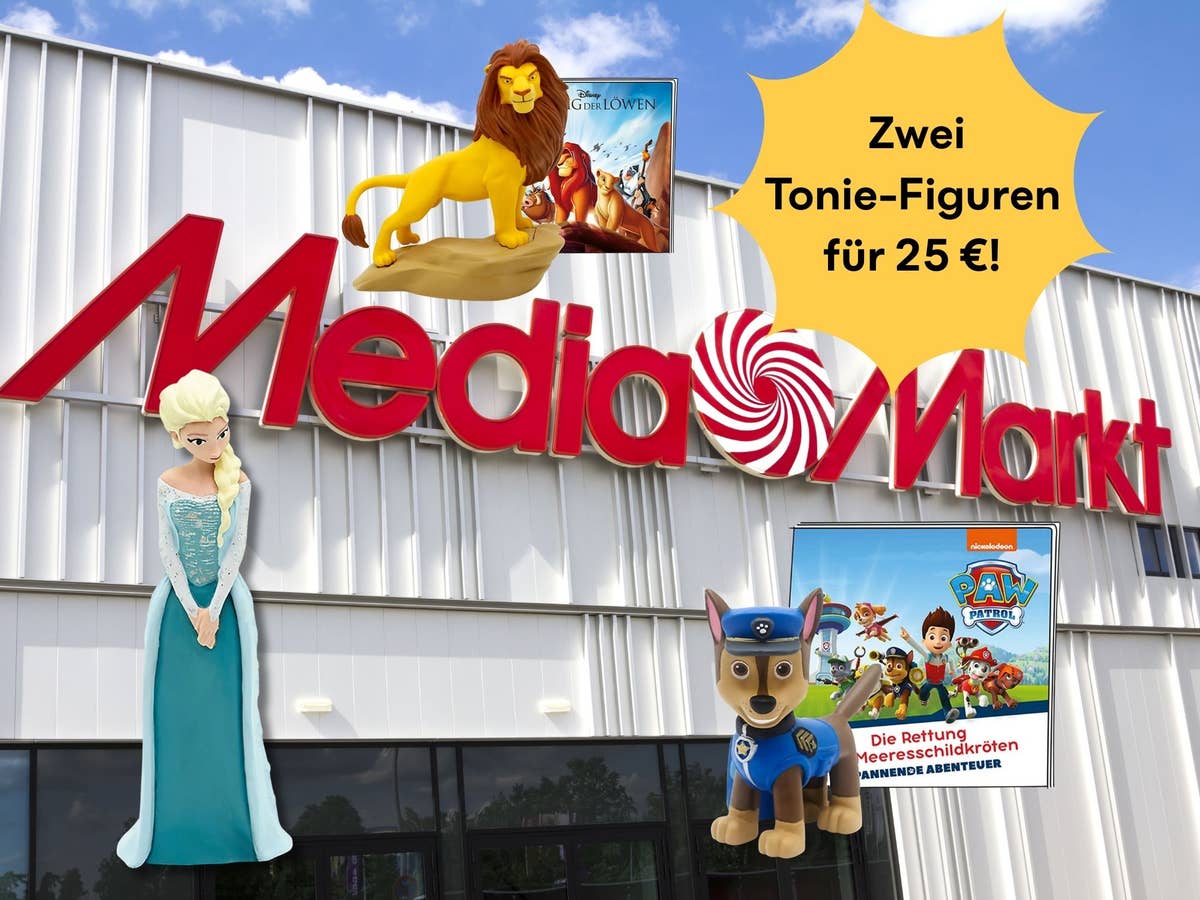 MediaMarkt-Store im Hintergrund, drumherum einige Tonie-Figuren und der Hinweis, dass zwei davon zusammen jetzt nur 25 Euro kosten
