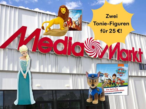 MediaMarkt-Store im Hintergrund, drumherum einige Tonie-Figuren und der Hinweis, dass zwei davon zusammen jetzt nur 25 Euro kosten