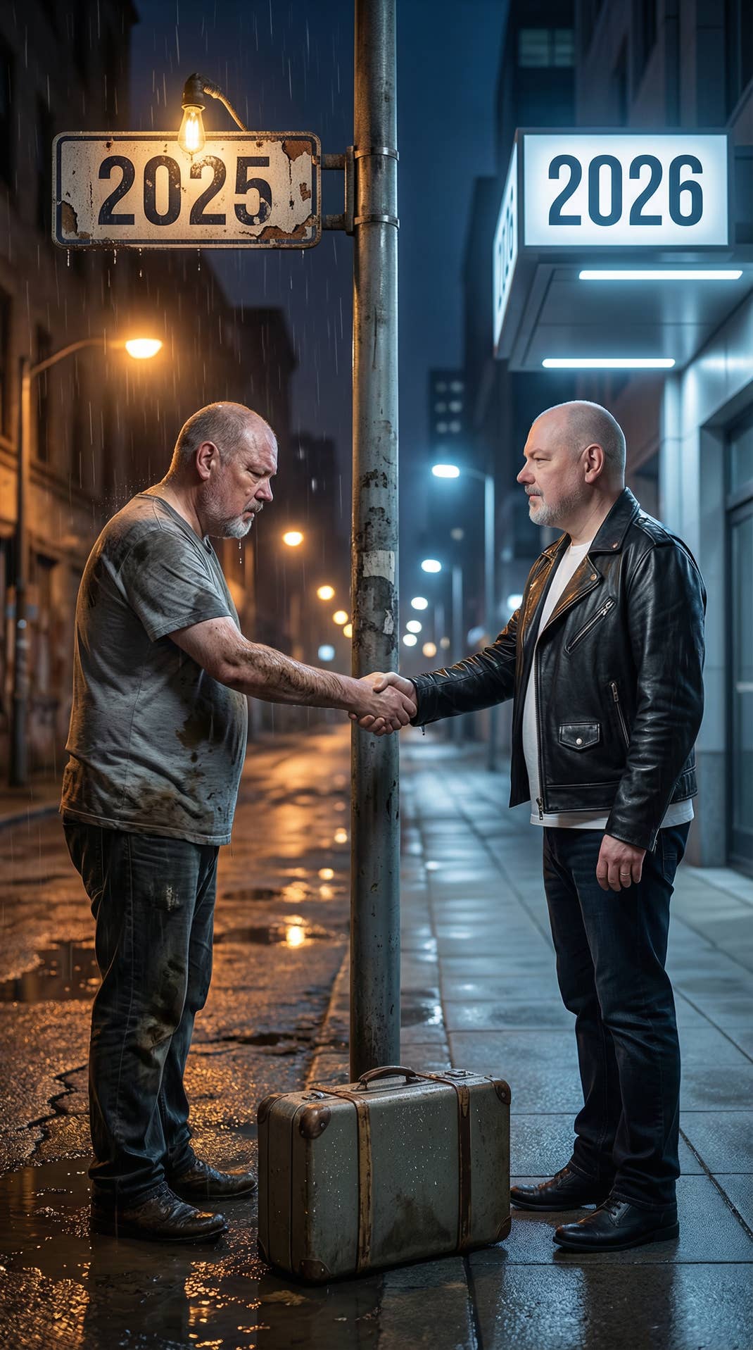 Ein Mann steht sich selbst gegenüber und gibt sich die Hand. Links ist 2025, rechts 2026