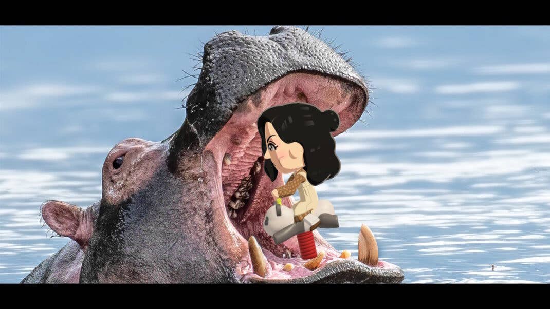 Ein Mii reitet ein Schaukelpferd im Maul eines Nielpferds.