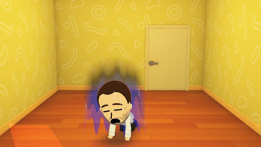 Ein Mii kniet verzweifelt auf dem Boden seines Hauses.