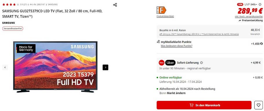 32-Zoll-Fernseher von Samsung bei MediaMarkt