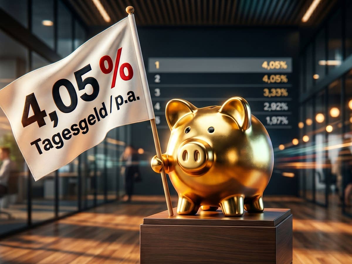 4,05 % aufs Tagesgeld: Bigbank setzt ING und DKB unter Druck Sparschwein mit Fahne mit der Aufschrift 4,05 Prozent.