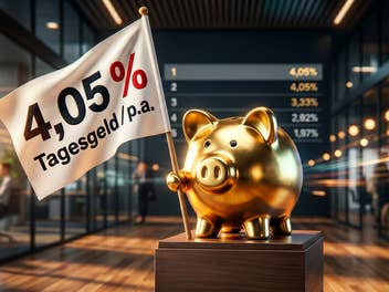 Sparschwein mit Fahne mit der Aufschrift 4,05 Prozent.
