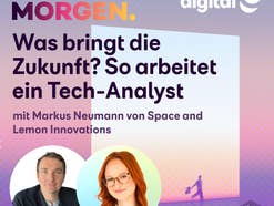 Podcast Cover von überMORGEN mit den Porträts von Gast Markus Neumann und Moderatorin Johanna vor einem violett rosa Farbverlauf Der Text lautet Was bringt die Zukunft So arbeitet ein Tech Analyst