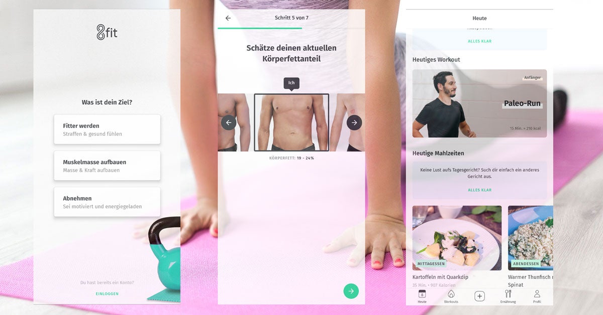 Einrichtungs-Screenshots der Fitness-App 8Fit