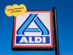 Aldi Logo auf einem Straßenschild.