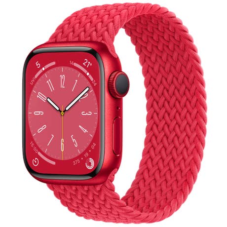 Apple Watch Series 8 - Seite mit Band schräg - Aluminium Rot + Rot geflochten