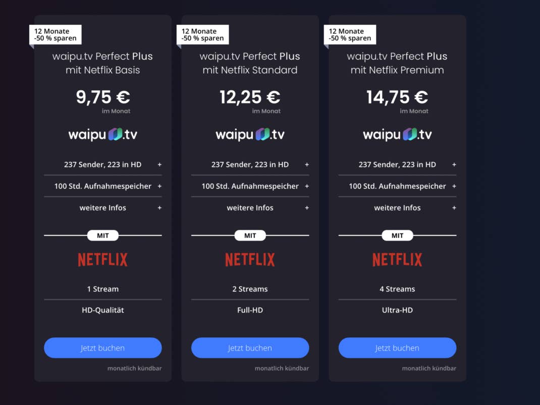 Die Preise von waipu.tv mit Netflix