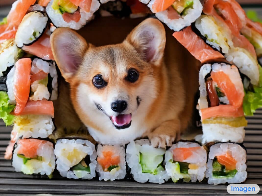 Ein Corgi in einem Haus aus Sushi