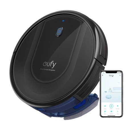 Eufy_RoboVac G10 Hybrid_Draufsicht mit Smartphone_schwarz