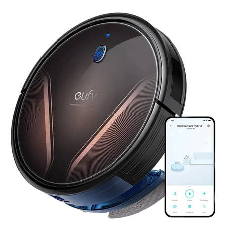 Eufy_RoboVac G20 Hybrid_Draufsicht mit Smartphone_schwarz