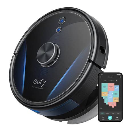 Eufy_RoboVac LR30 Hybrid_Draufsicht mit Smartphone_schwarz