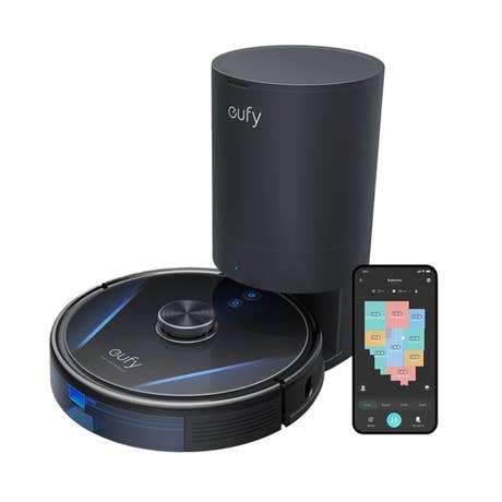 Eufy_RoboVac LR30 Hybrid+_Draufsicht mit Smartphone_schwarz