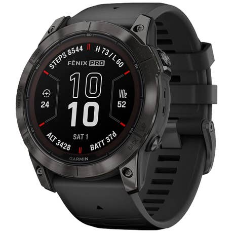 Garmin Fénix 7X Pro Sapphire Solar 51mm - Seite mit Band schräg - Schwarz + Carbongrau