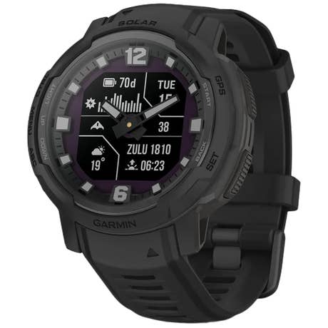 Garmin Instinct Crossover Solar Tactical - Seite mit Band schräg - Schwarz Garmin Instinct Crossover Solar Tactical - Seite mit Band schräg - Schwarz