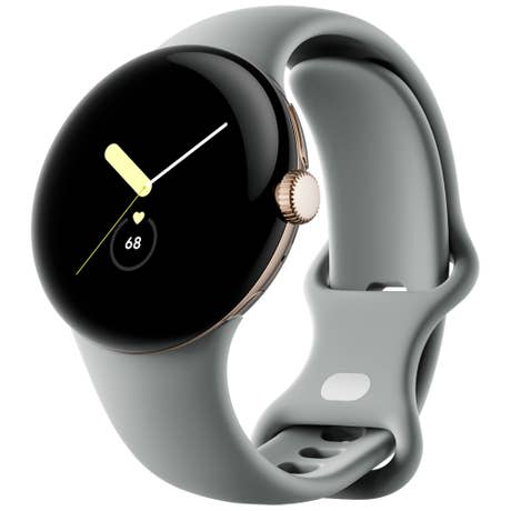 Google Pixel Watch - Seite mit Band schräg - Links - Champagnergold + Haselnussgrün