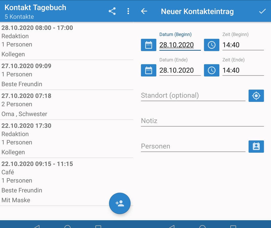 Übersicht der Kontakt Tagebuch App von Dieter Thiess