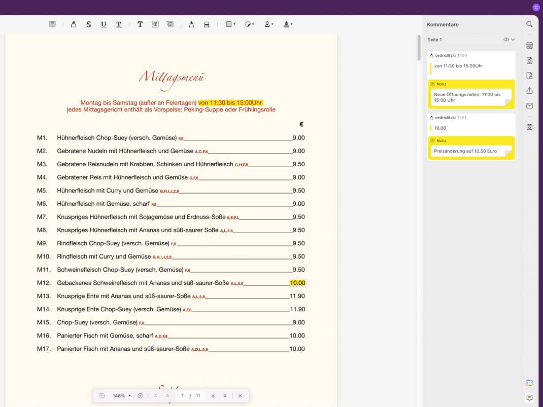 Notizen und Kommentare bei UPDF-Test
