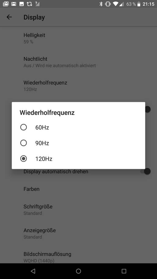 Das Menü der Bildwiederholungsfrequenz-Einstellungen des Razer Phones 2