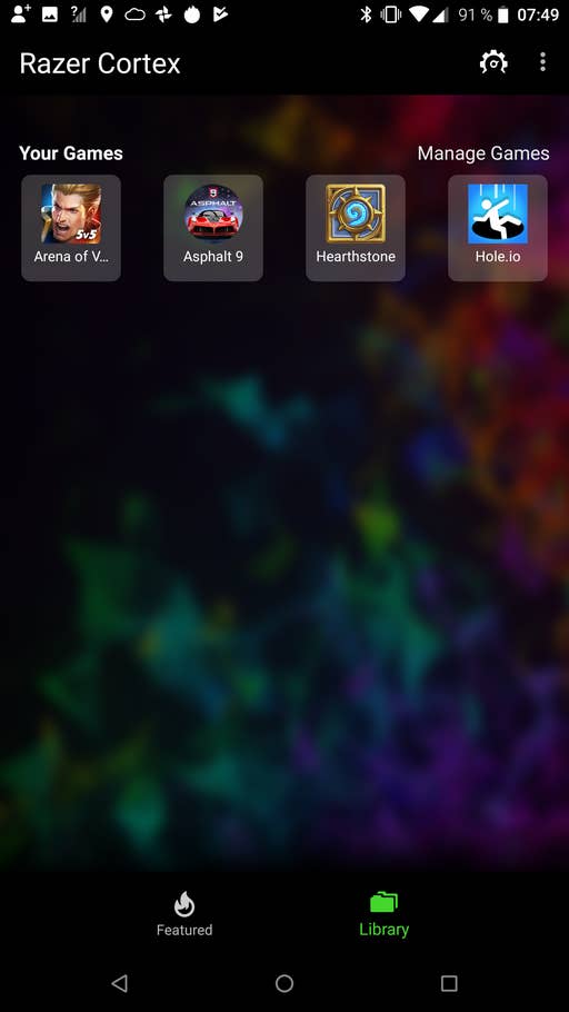 Die Spiele-Übersicht der Razer Cortex App mit Hearthstone, Arena of Valor und Asphalt 9
