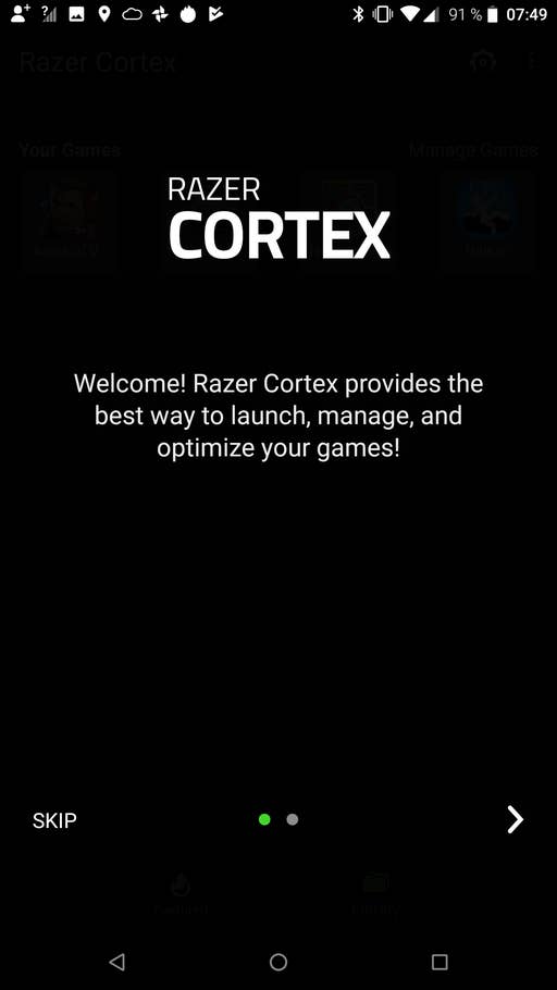 Die Razer Cortex App und der Willkommens-Screen