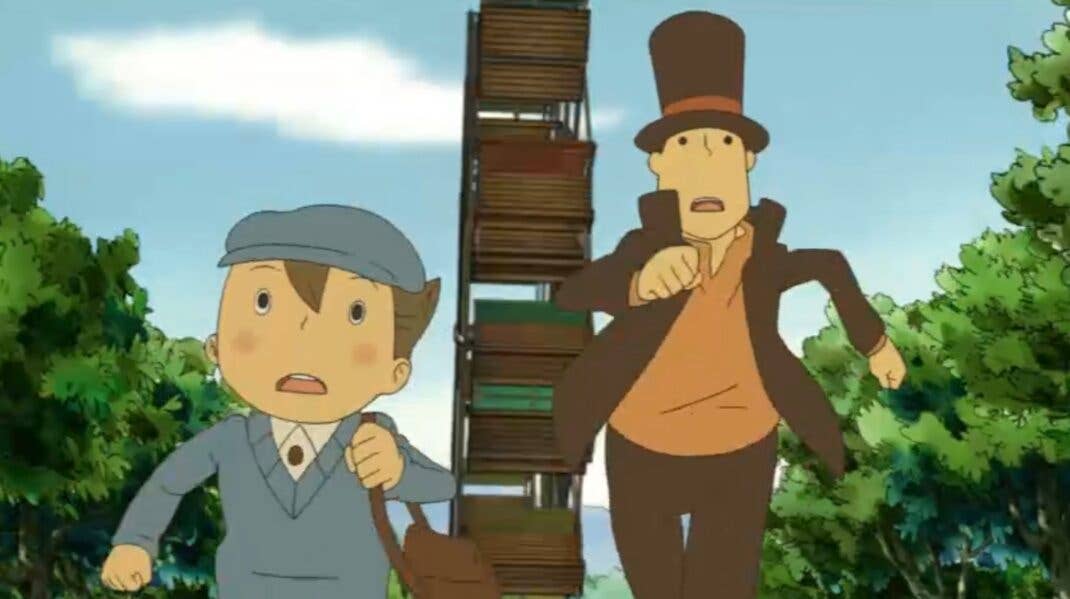 Eine Cutscene in Professor Layton und das geheimnisvolle Dorf.