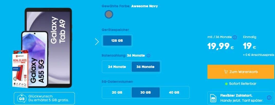 Galaxy A55 mit Tablet bei Blau