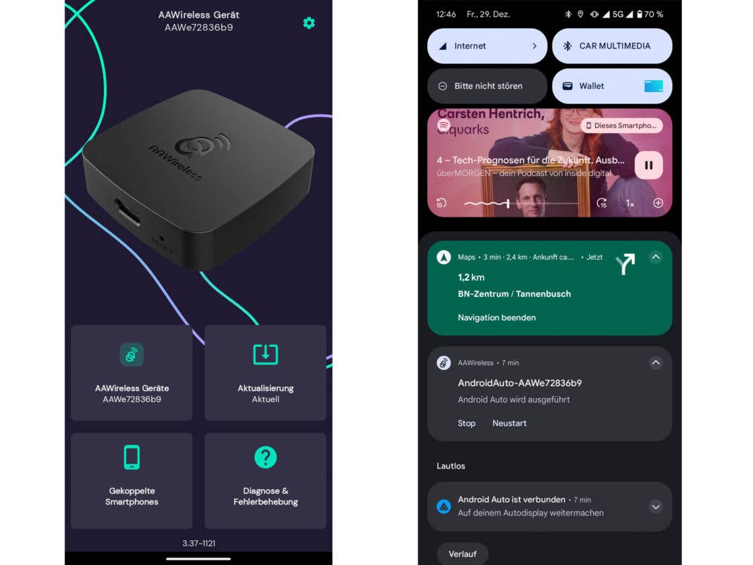 Screenshots von Android Auto und der AAWireless-App