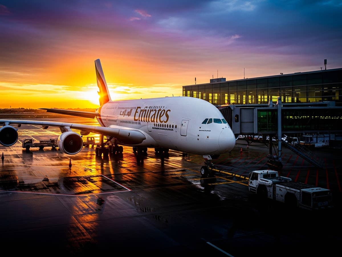 A380 von Emirates parkt am Flughafen im Sonnenaufgang.