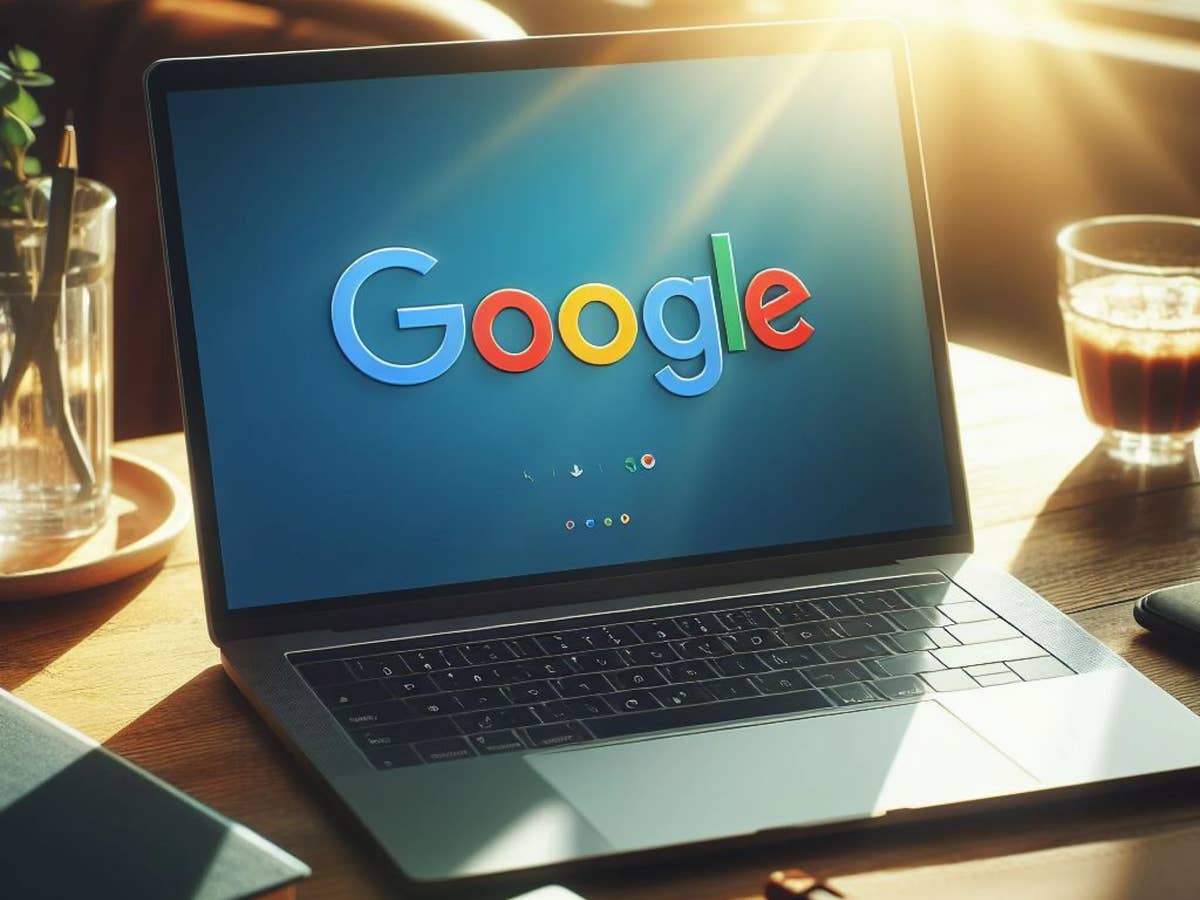 Google-Logo auf einem Notebook-Display auf einem Schreibtisch.