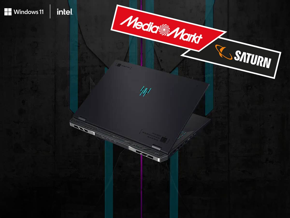 Acer Predator Helios Neo 18 mit Windows 11- und Intel-Logo und MediaMarkt/Saturn-Logo.