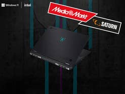 Acer Predator Helios Neo 18 mit Windows 11- und Intel-Logo und MediaMarkt/Saturn-Logo.