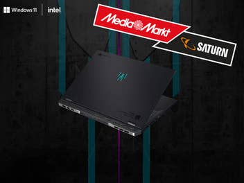 Acer Predator Helios Neo 18 mit Windows 11- und Intel-Logo und MediaMarkt/Saturn-Logo.