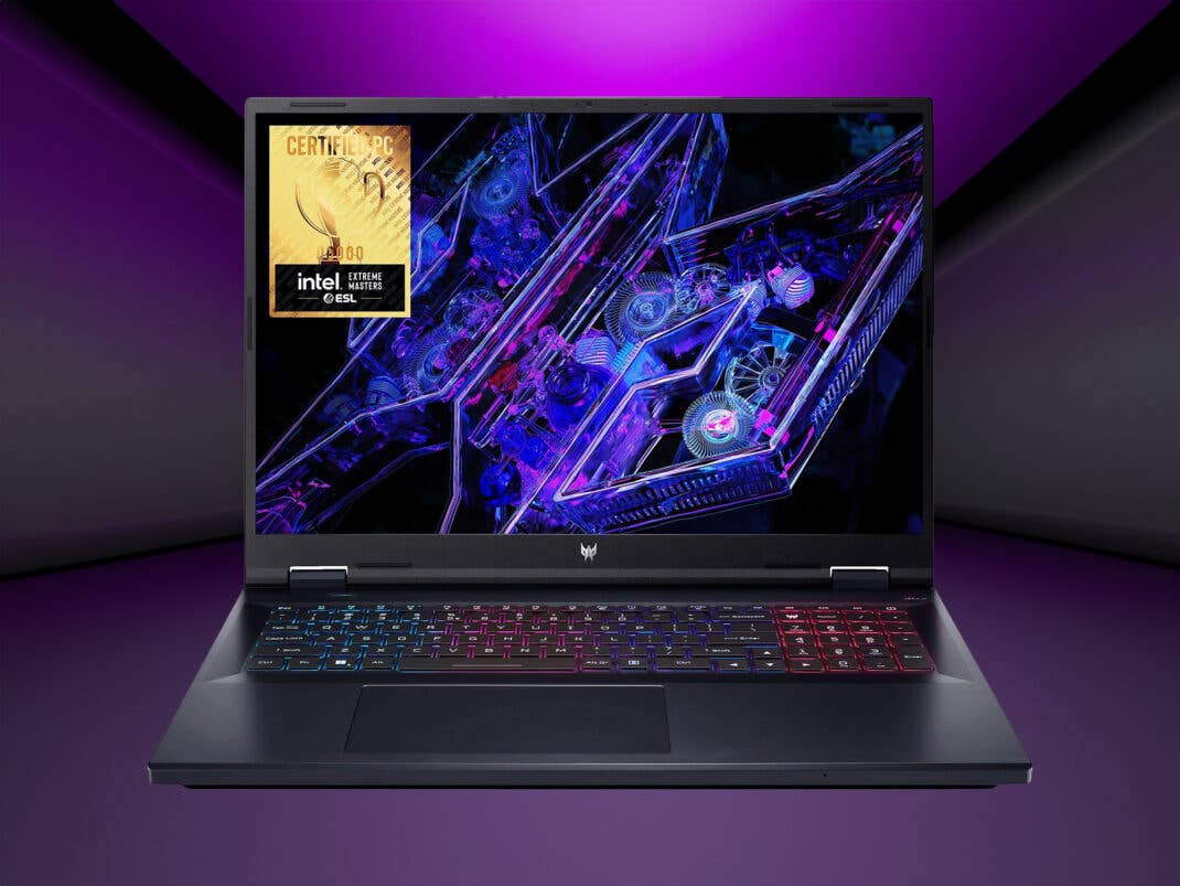 Acer Predator Neo 18 vor einem Schwarz-lila Hintergrund
