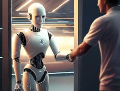 Ein humanoider Roboter begrüßt eine Person in einer modernen Umgebung.