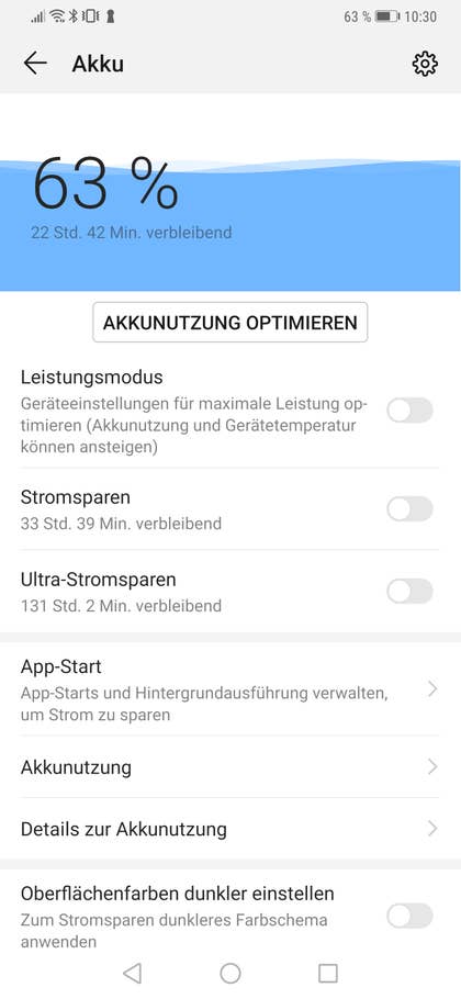 Akkulaufzeit des Hauwei Mate 20 Pro