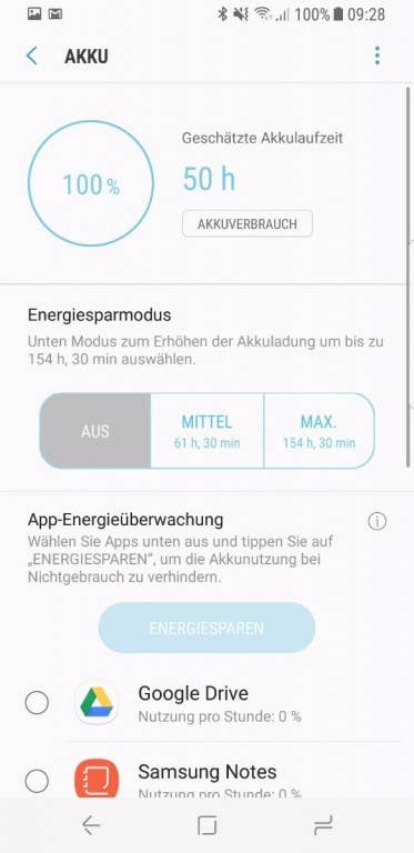 Akku-Manager und Energiesparmodi im Samsung Galaxy S8