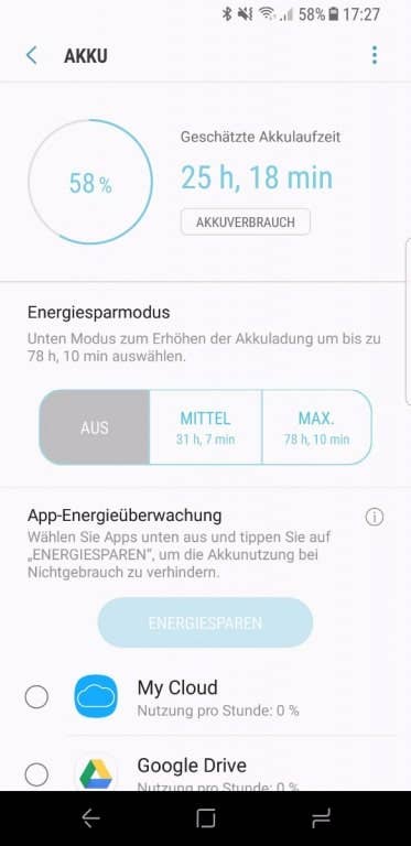 Akku-Manager und Energiesparmodi im Samsung Galaxy S8