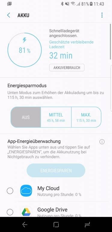 Akku-Manager und Energiesparmodi im Samsung Galaxy S8