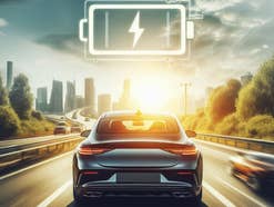 Akkumonster: Neue Batterie lässt E-Auto-Sorgen verschwinden Auto fährt auf einer Autobahn dem Sonnenaufgang entgegen.