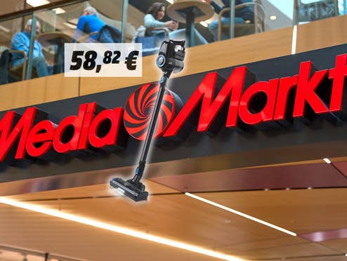 Akkusauger vor einem MediaMarkt-Logo mit einem Preisschild für rund 59 Euro