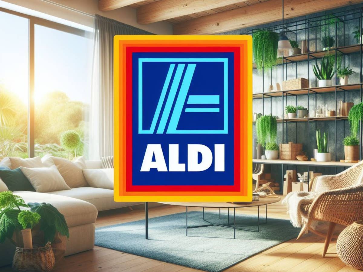 Aldi-Logo vor dem Hintergrund eines Wohnzimmers.