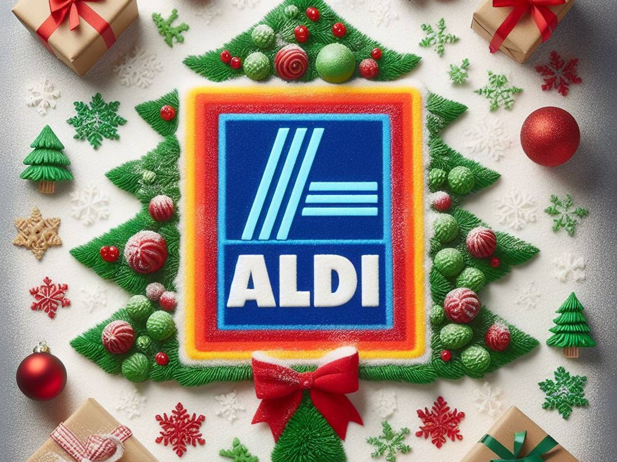 Aldi-Logo vor einem Weihnachtsbaum.