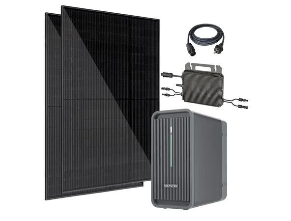Balkonkraftwerk von Aldi, bestehend aus zwei Solar-Panels, einem Wechselrichter und einer Speicherbatterie