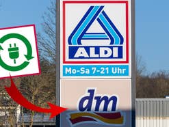 Aldi- und dm-Schild und Recycling-Hinweis-Schild