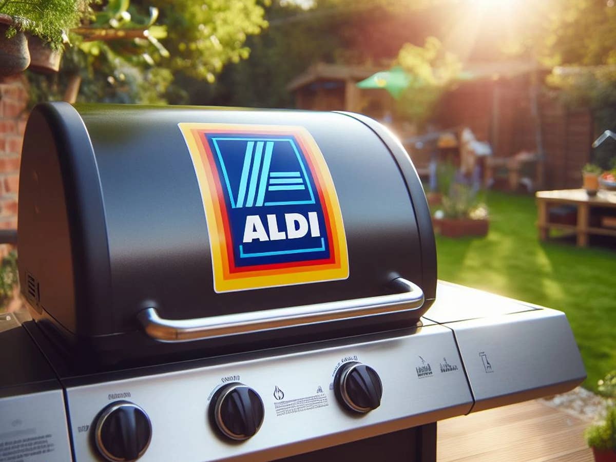 Gasgrill steht in einem Garten - mit Aldi-Logo auf dem Deckel.