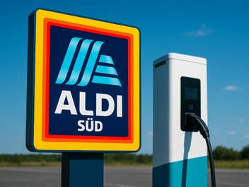 Aldi lockt E-Auto-Fahrer: Upgrade für den Discounterpreis Logo von Aldi Süd neben einer Ladesäule.