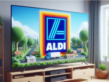 Aldi-Logo auf einem Fernseher in einem Wohnzimmer.
